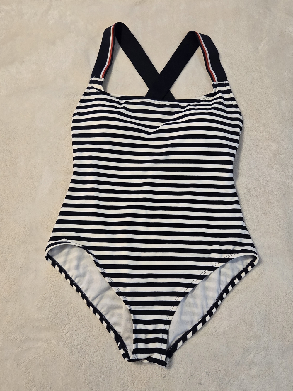 Tommy Hilfiger Navy and White Striped One-Piece Swimsuit Sz 8 Beachy Coastal
